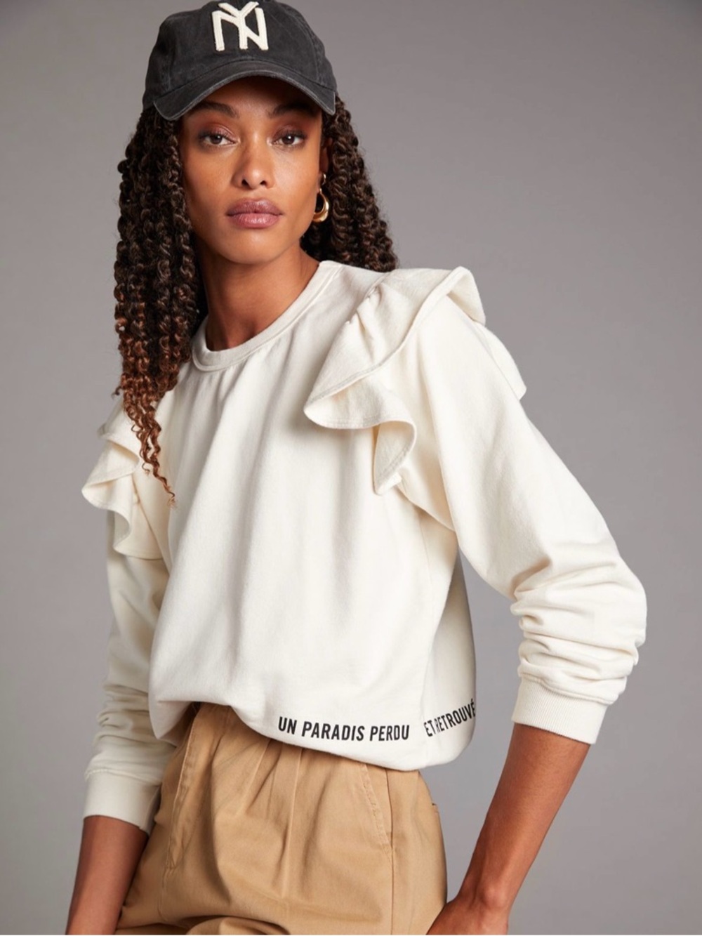 Clare V. Cream Ruffle-Shoulder Sweatshirt